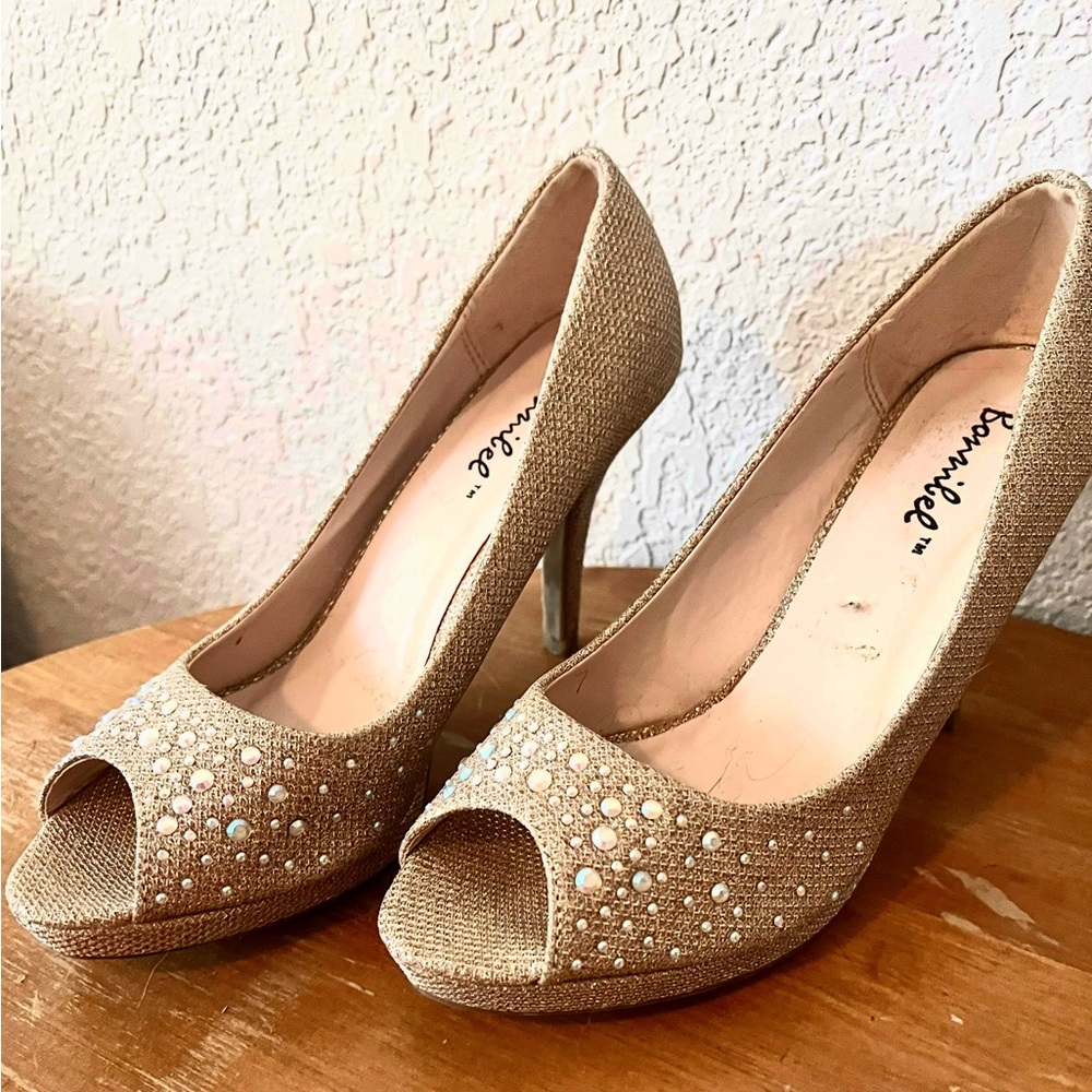 Bonnibel Tan Peep Toe Heels with Embellishments